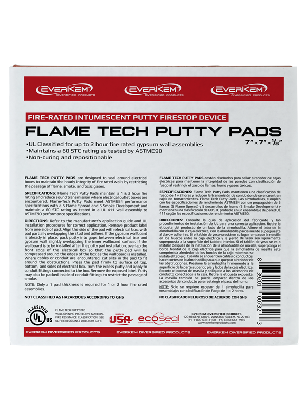 Flame Tech Putty Pads Fire-rated Intumescent Pads is UL classified for 1 and 2 hour gypsum fire-rated wall systems.