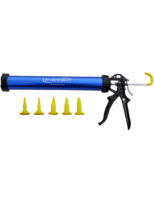 Everkem Pro Series Sausage Tube Gun with ladder hook, thumb release, and multiple sized, removable nozzles